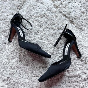 Jimmy Choo Satin fur closed toe pointed to heels pumps ankle 3" 37.5